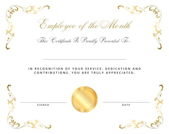 Certificado de Empleado del Mes para Trabajador / Premio de Oficina / Descarga Instantánea Fácil Prefabricado Imprimible / Simple / Logro / Hermoso
