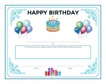 Certificado de Feliz Cumpleaños, Premio Prediseñado, Listo para Usar, Descarga Instantánea, Imprimible, Para Todas las Edades