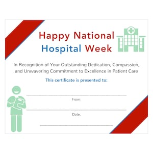 National Hospital Week Certificate of Appreciation Male or Female Thank You Premade Instant Print Award Professional