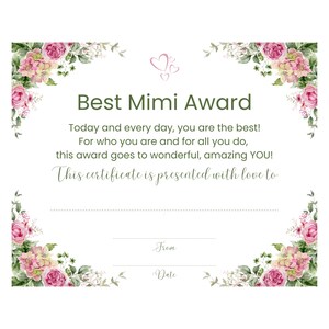 Certificado de agradecimiento Mimi: Rosas de amor, flores, prediseñado, descarga instantánea, inspiración vintage, rosas y verdes, regalo único y especial.
