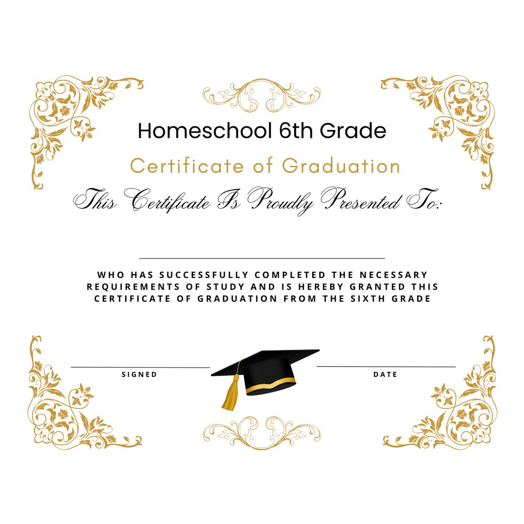 Homeschool 6th Sixth Grade Graduation Diploma Certificate Promoted ...