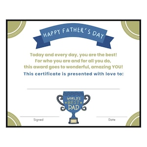 Certificat pour la fête des pères - Cadeau unique - Souvenir pour papa - Meilleur papa - Meilleur papa