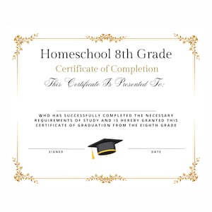 Homeschool Achte Klasse Abschlussdiplom Zertifikat Sofortiger Download Druckbare Print and Go ~ Erschwingliche elegante professionelle