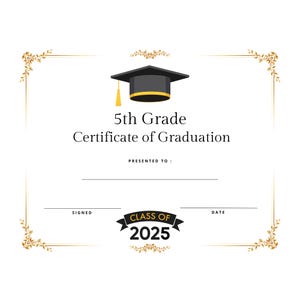 Certificado de entrega del diploma de graduación de quinto grado de 2025, certificado de entrega del diploma de graduación de fin de año escolar, impresión instantánea, premio para estudiantes