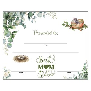 Premio per la migliore mamma, Certificato di auguri per la festa della mamma, Design di uccelli e nidi, Apprezzamento, Amore, Preimpostato, Download istantaneo, Regalo unico e speciale per la mamma