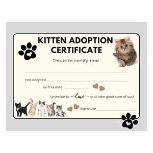 Certificado de adopción de gatito imprimible al instante para adopción real o simulada ~ Perfecto para uso en el hogar o en el aula ~ Adorable y divertido