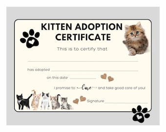 Kitten Adoption Certificate Instant Printable For Real or Pretend Kitten Adoption ~ Perfect For Home or Classroom Use ~ Adorable and Fun