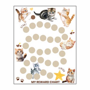Puede incluir: Un gráfico de recompensas imprimible con temática de gatos. El gráfico tiene un camino de círculos para colorear, comenzando con "START" y terminando con "FINISH". Hay lindas ilustraciones de gatos en todo el gráfico.