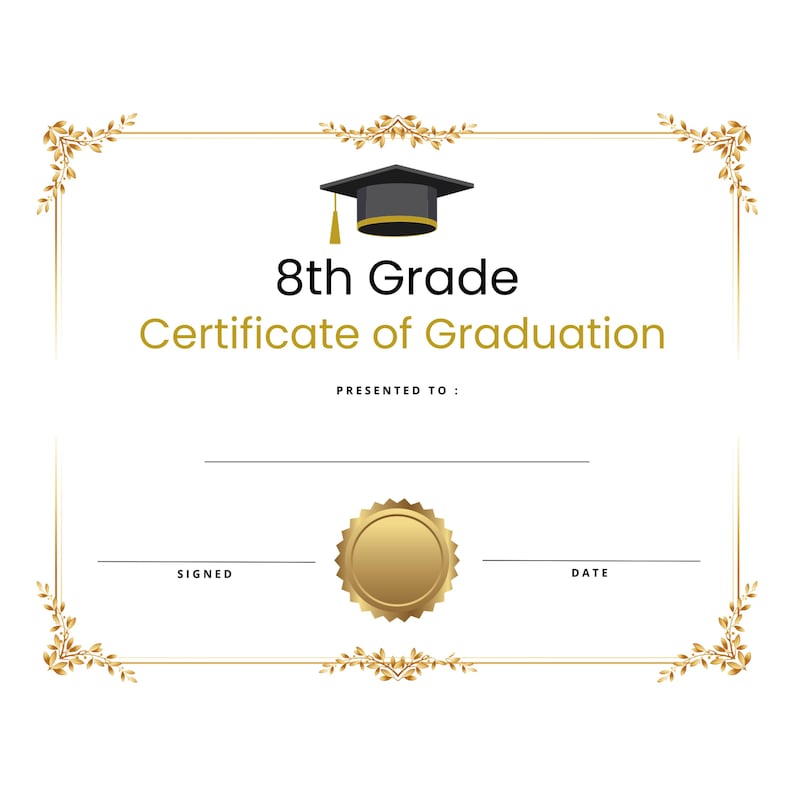 Eighth 8th Grade Graduation Diploma Certificate of Promotion Instant ...