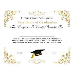 Homeschool 5th Fünfte Klasse Abschluss-Diplom Zertifikat Schule Werbung Gold Instant Download Einfach druckbare Budget Swirl Design