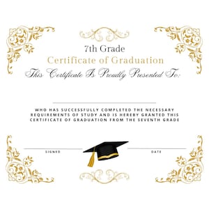Certificado de finalización de séptimo grado, diploma de graduación, impresión fácil, descarga instantánea, diseño prediseñado imprimible ~ pergamino dorado