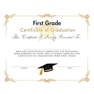 Erstes 1.Klasse Abschluss-Diplom-Zertifikat Promotion Sofortiger einfacher Druck Professionelles einzigartiges Andenken Gold Star Swirl Grundschule