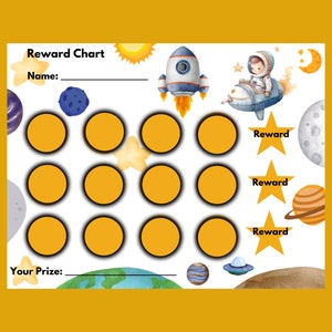 May include: A space-themed reward chart with a rocket, planets, stars, and an astronaut illustration. The chart includes the text "Reward Chart", "Name:" and "Your Prize:". There are 12 circles for tracking progress and three star-shaped reward icons.