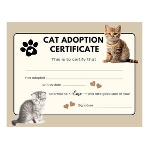 Cat Adoption Certificate Instant Printable For Real or Pretend Cat Adoption ~ Perfect For Home or Classroom Use ~ Adorable and Fun