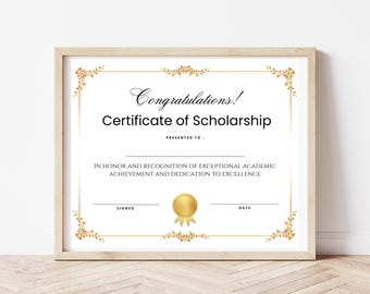 Certificado de Beca con Sello Dorado - Cualquier Edad o Nivel - Descarga Instantánea en PDF