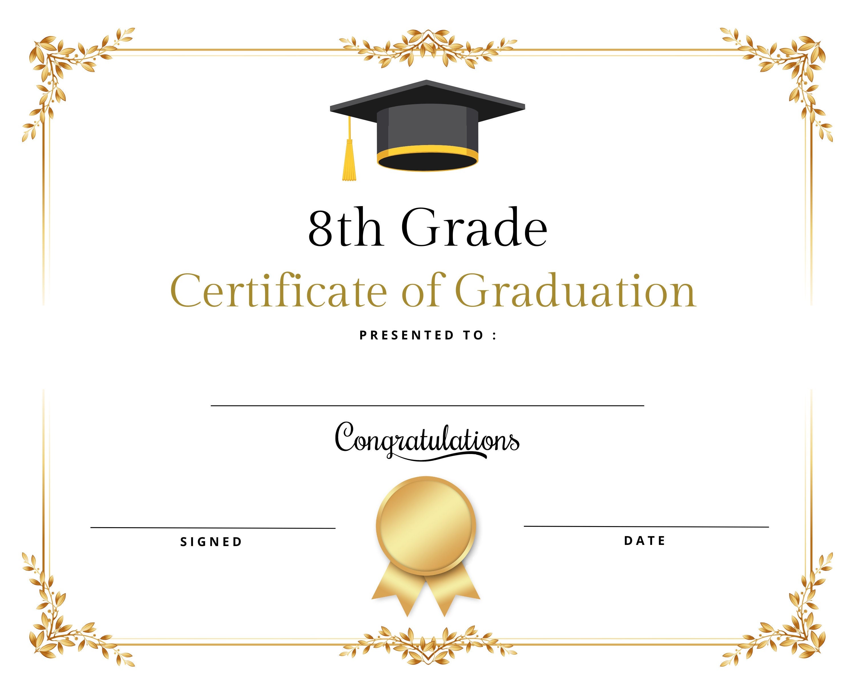 Eighth Grade Graduation Diploma Certificate Instant Download Printable