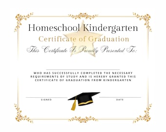 Homeschool Kindergarten Graduation Diploma Certificate Promotion Instant Download Printable Budget Professional Simple Gold Swirl Design