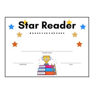 Reading Award Certificate Star Reader Instant Printable Congratulations Any Time Of Year - Any Age - Honor's Achievement Improvement Reward