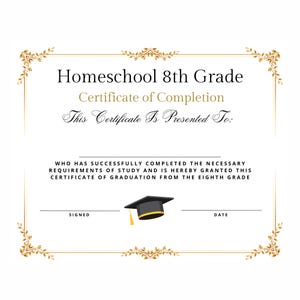 Homeschool achte Klasse Abschlussdiplom Zertifikat Sofortiger Download druckbare Print and Go Premade elegante professionelle 8.Klasse Auszeichnung