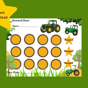 May include: A reward chart with a green tractor theme. The chart includes spaces for a name, prize, and reward stars. The words "Instant Download" are in a yellow star shape. The chart has illustrations of green tractors and yellow circles.