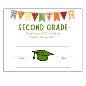 Certificado de finalización de segundo grado Diploma de graduación Imprimible Descarga instantánea Premios escolares para estudiantes Niños y niñas Niños alegres