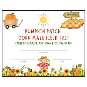 Może przedstawiać: Certyfikat uczestnictwa w wycieczce do gospodarstwa z dyniami i labiryntu kukurydzianego. Projekt zawiera drewniany wózek z dyniami, słońce, znak z napisem „Dynie” i stracha na wróble. Dolna krawędź przedstawia dynie, słoneczniki i kukurydzę.