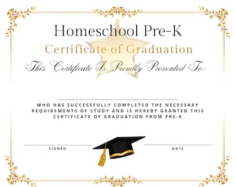 Diploma de graduación de preescolar en casa, certificado de promoción, descarga instantánea, imprimible, económico, profesional, diseño simple de remolino dorado y estrella.