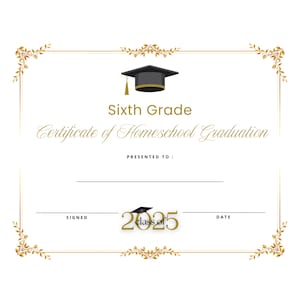 Homeschool 6 sechste Klasse Abschlussdiplom Zertifikat beworben Sofortdownload druckbare Budget professionelle Junior High Mittelschule