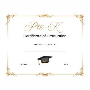 Pre-K Abschlussdiplom Zertifikat Sofortiger Download Druckbare Schwarz und Gold Studenten Auszeichnung Elegant & Simple Swirl Vorschulabschluss