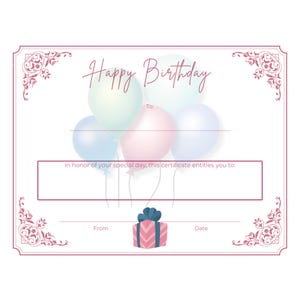 Certificado de feliz aniversário, prêmio, pré-fabricado, download instantâneo, para impressão, para todas as idades, perfeito para mãe, esposa, filha, colega de trabalho, amiga ~ dia especial