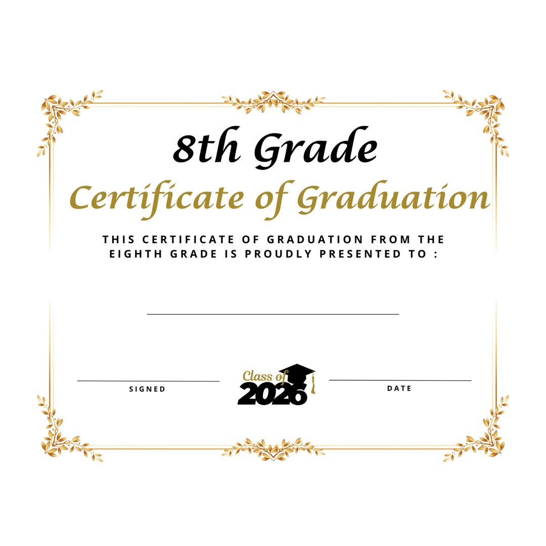 Eighth 8th 2026 Grade Graduation Diploma Certificate Class of 2026 ...