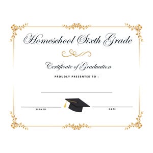 Sechste Homeschool 6.Klasse Abschluss-Diplom-Zertifikat Schule Promotion Award Gold Instant Easy Printable Swirl Design Hübscher & einzigartig
