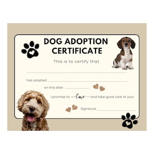 Dog Adoption Certificate Instant Printable For Real or Pretend Dog Adoption ~ Perfect For Home or Classroom Use ~ Adorable and Fun