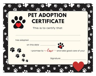 Pet Adoption Certificate Instant Printable Paw Prints For Pretend Pet Plush Stuffed or Real Adoption ~ Animal Adoption