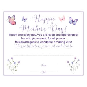 Certificado de Feliz Día de la Madre, Premio de Agradecimiento, Amor, Flores Silvestres, Mariposas, Prefabricado, Descarga Instantánea, Regalo Único, Bonito y Especial para Mamá