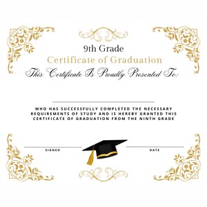 9. neunte Klasse Abschlussdiplom Abschlusszertifikat druckbare erschwingliche elegante professionelle Ende des Schuljahres grad Gold Wirbel