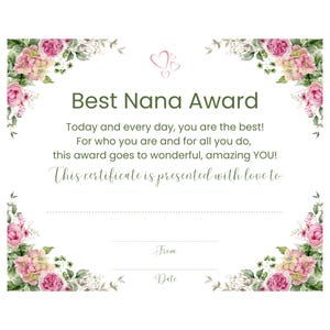 Certificado "Mejor Nana" Premio Agradecimiento Amor Rosas Flores Prefabricadas Descarga Instantánea Vintage Inspirado Rosas y Verdes Regalo Especial Único