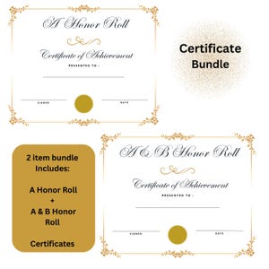 2 Pack Bundle : A and A & B Honor Roll Awards Honor&#39;s Day Ceremony Certificates All Ages Instant Download and Print Academic Achievement