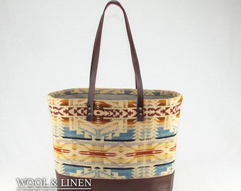 Tote made with Pendleton Wool, Shonto Wheatlands Tan, Merlot Leather bottom and straps. Women's Over the shoulder bag