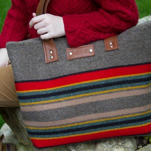 Travel Bag with Leather Handle Made From Pendleton Wool,Yakima Camp Blanket, Weekender, Crossbody Bag image 3