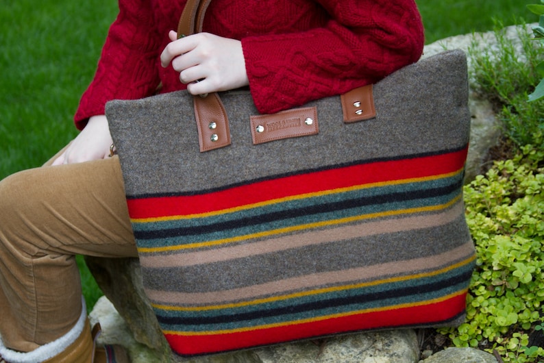 Travel Bag with Leather Handle Made From Pendleton Wool,Yakima Camp Blanket, Weekender, Crossbody Bag image 3