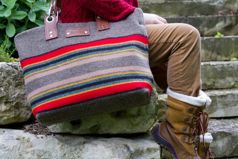 Travel Bag with Leather Handle Made From Pendleton Wool,Yakima Camp Blanket, Weekender, Crossbody Bag image 1