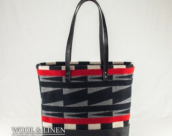 Tote made with Pendleton Wool, Pendletons  Water Blanket, Black Leather Bottom, Women's Over the Shoulder Bag