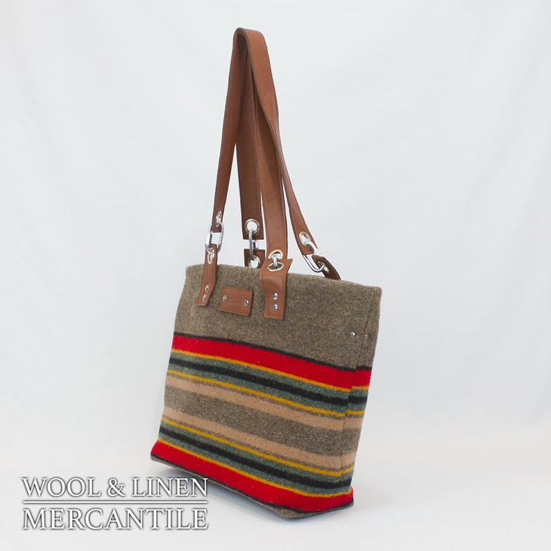 Travel Bag with Leather Handle Made From Pendleton Wool,Yakima Camp Blanket, Weekender, Crossbody Bag image 6