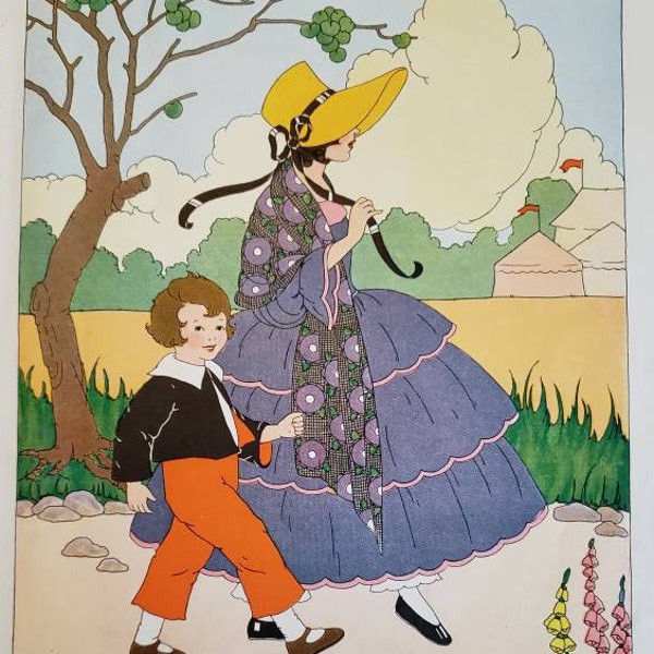 Vintage Book Illustration from The Jolly Jingle Picture Book - Mother and Son Go To The Fair - 1940s Children's Book