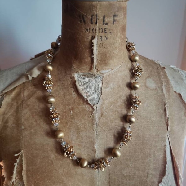 Gold and Crystal Bead and Chain Single Strand Signed Vendome Vintage Necklace -1950s/1960s