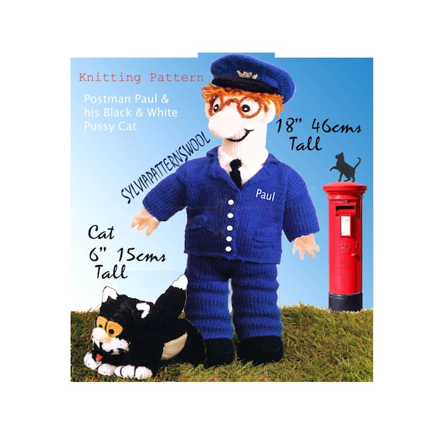 18" Postman Pat/Paul & 6" Cat toy/ Doll to Knit, pdf.file Knitting E.Pattern  E.Book