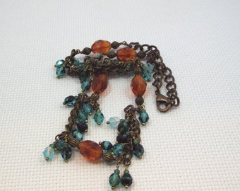 Golden Yellow & Aqua Glass Beaded Necklace, Aged Brass Chain