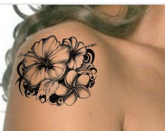 Temporary Tattoo Plumeria Hibiscus Flower Ultra Thin Realistic Waterproof Fake Tattoos