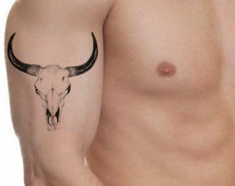 Temporary Tattoo Bulls Skull Longhorn Bohemian Boho Tattoos Realistic Thin Durable Waterproof